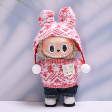 labubu Winter Knit Outfit – Bunny Ear Hoodie & Jeans Set