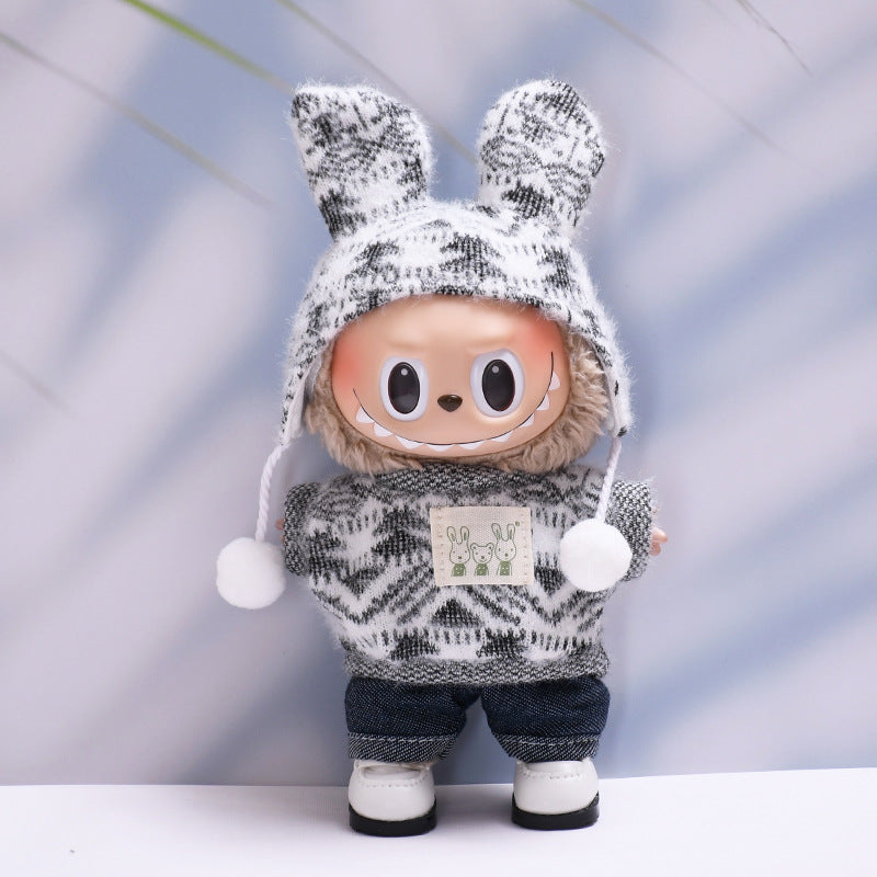 labubu Winter Knit Outfit – Bunny Ear Hoodie & Jeans Set