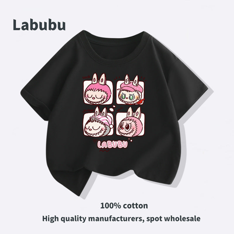 Labubu Cartoon Graphic Tee – Cute T-Shirt with labubu Expressions Print, 100% Cotton, Unisex Casual Wear