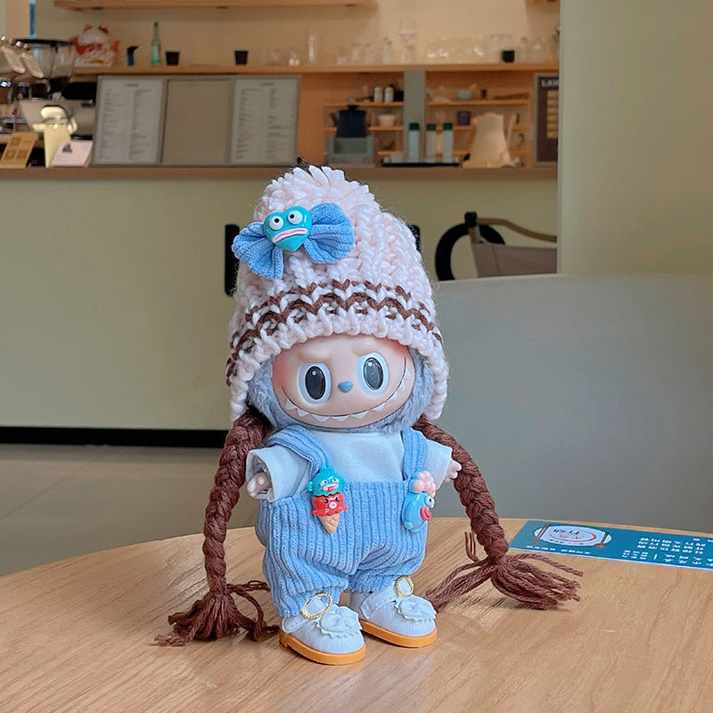 labubu Hangyodon Blue Overalls Set with braided hair